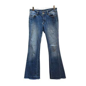 Massimo Dutti Flared Blue Denim Jeans Frayed Hem‎ Boho Hippie Size 4